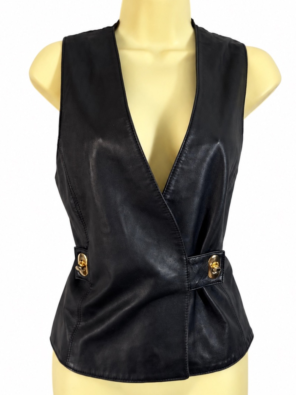 Vintage Neto Black Leather Turn-Lock Vest Gilet Waistcoat women’s Sz 6